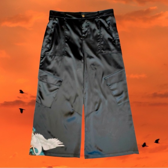 Nasty Gal Pants - Nasty Gal NWT Black Satin Bird Embellished Wide Leg Cargo Pants Size 14